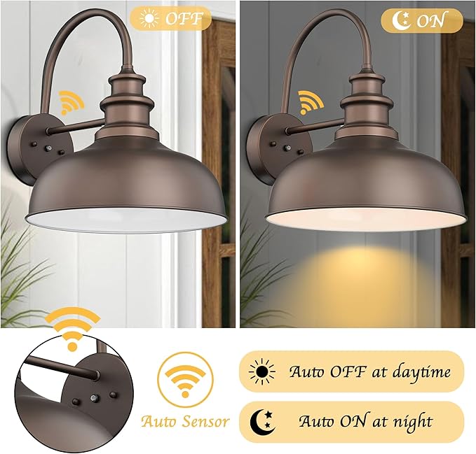 Bestshared 16 Inch Dome Large Dusk to Dawn Sensor Gooseneck Barn Light Anti-Rust Farmhouse Outdoor Wall Sconce Industrial Exterior Wall Lighting Fixture, Outside Lantern G (ORB+White, 16” Dome-1Pack)
