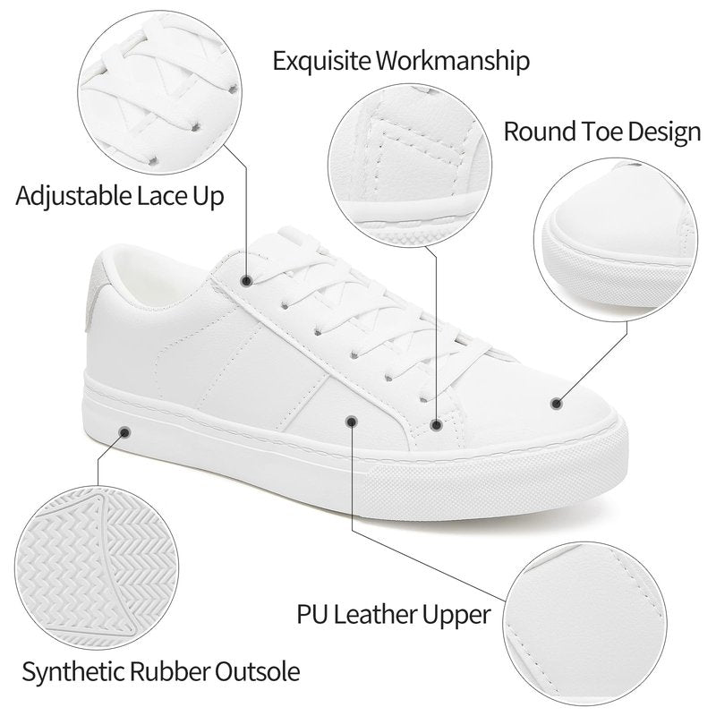Adokoo Women's Fashion Sneakers PU Leather Casual Shoes White Tennis Low Top Shoes Womens Lace Up Sneakers(White,US8)