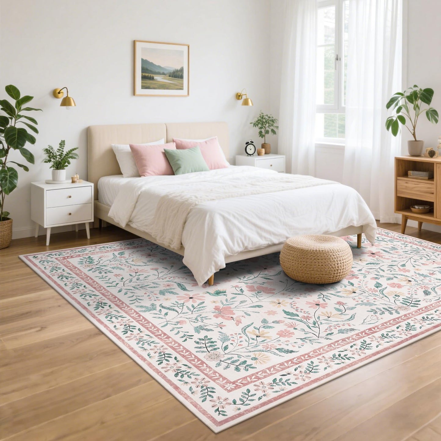 SHACOS Pink Floral Area Rugs 5x7 Nursery Rug, Machine Washable Boho Rugs for Bedroom, Non Slip Soft Floral Low-Pile Carpet for Living Room Kids Room Dining Room Entryway Indoor