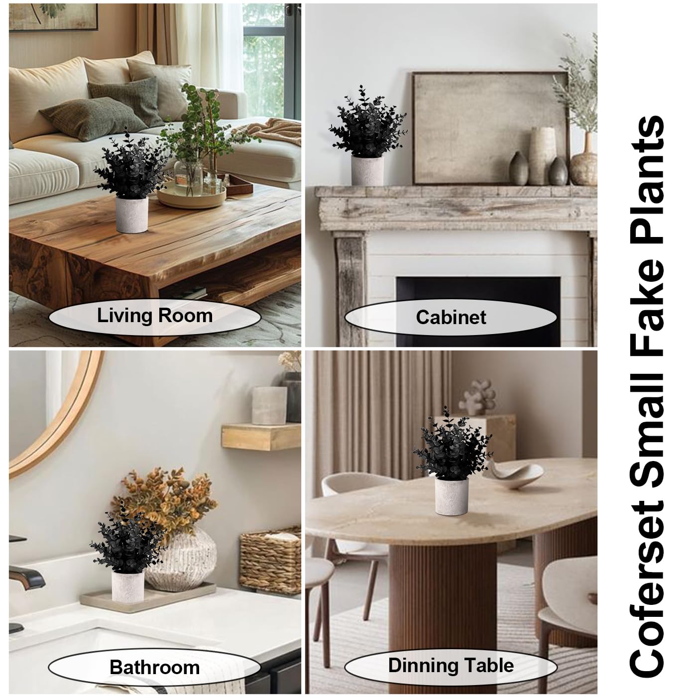 2 Pack Black Fake Eucalyptus Small Fake Plants Potted Artificial Plants for Halloween Decorations Shelf Desk Home Farmhouse Room Coffee Table Bathroom Decor(Black)