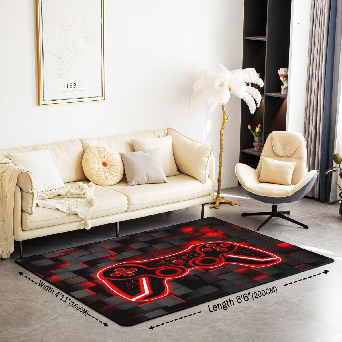 Feelyou Kids Gamer Area Rug 3x5 Red and Black Rugs for Living Room Bedroom for Boys Teens Room Decor Gaming Ombre Decorative Rug Set Geometric Square Indoor Floor Mat