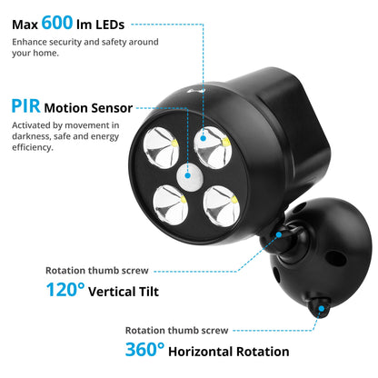 NICREW Battery Powered Outdoor LED Security Light 2-Pack, PIR Motion Sensor Spotlight, Weatherproof Outdoor Wall Light for Gardon Walkways