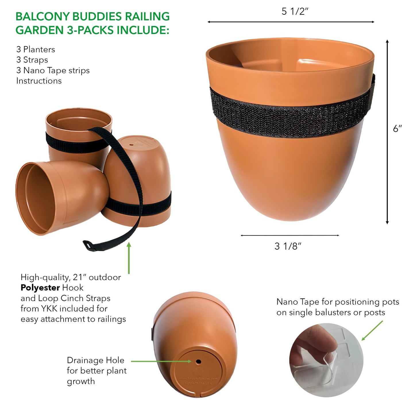 Balcony Buddies Railing Planter for Outdoor Plants (6-inch, 3-Pack) | Hanging Planter for Railings, Fence Posts | Balcony Wall Planter for Herbs, Flowers and Succulents | Made in The USA