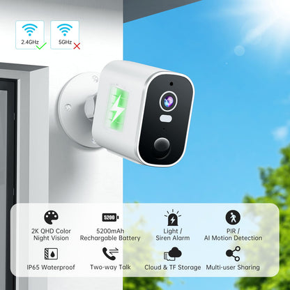 Security Cameras Wireless Outdoor 2K: Battery Powered WiFi Camera with AI Motion Detection for Home - Color Night Vision Spotlight Siren Alarm 2-Way Talk IP65 Waterproof Cloud TF Storage 2-Pack