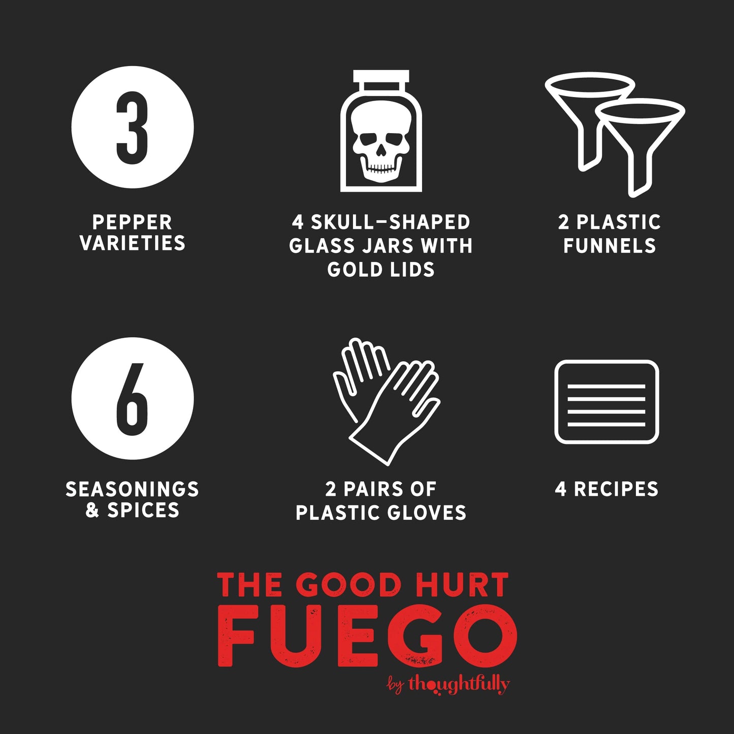 The Good Hurt Fuego by Thoughtfully, DIY Hot Sauce Set, Includes 4 Skull Shaped Reusable Glass Jars, 2 Funnels, Seasonings, Gloves and Recipe Book to Make Your Own Hot Sauce