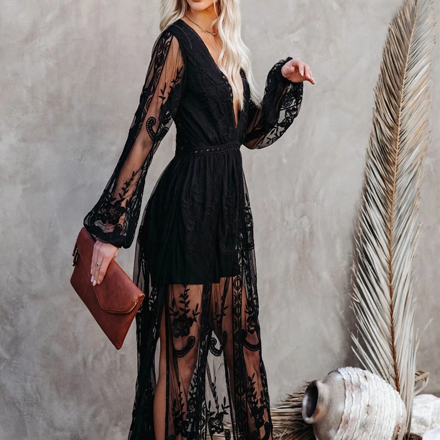 Womens Deep V Neck Short Sleeve Floral Lace Dress Long Bridesmaid Maxi Dresses