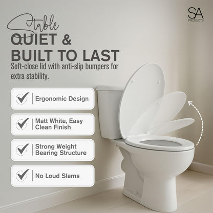 SA Products Quick Release Toilet Seat - with Soft Close & Quick Release Hinges for Easy Cleaning - Universal Bathroom Bowl Seating with Thermoset Lid, ABS Cylinder, Fixings - 44.1x36.5x5cm, White