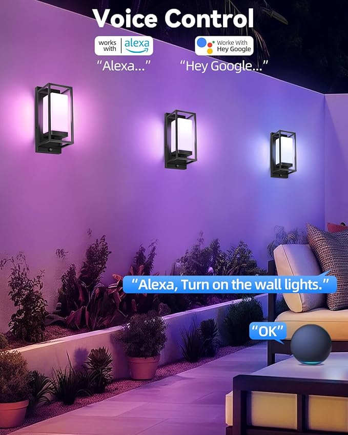 SHIMR Smart Outdoor Wall Lights 2 Pack, WiFi RGB Color Changing Sconce 2700K–6500K Tunable White, Dusk to Dawn Outdoor Light Fixture with E26 Base for House Porch Garage, Work with Alexa & Google