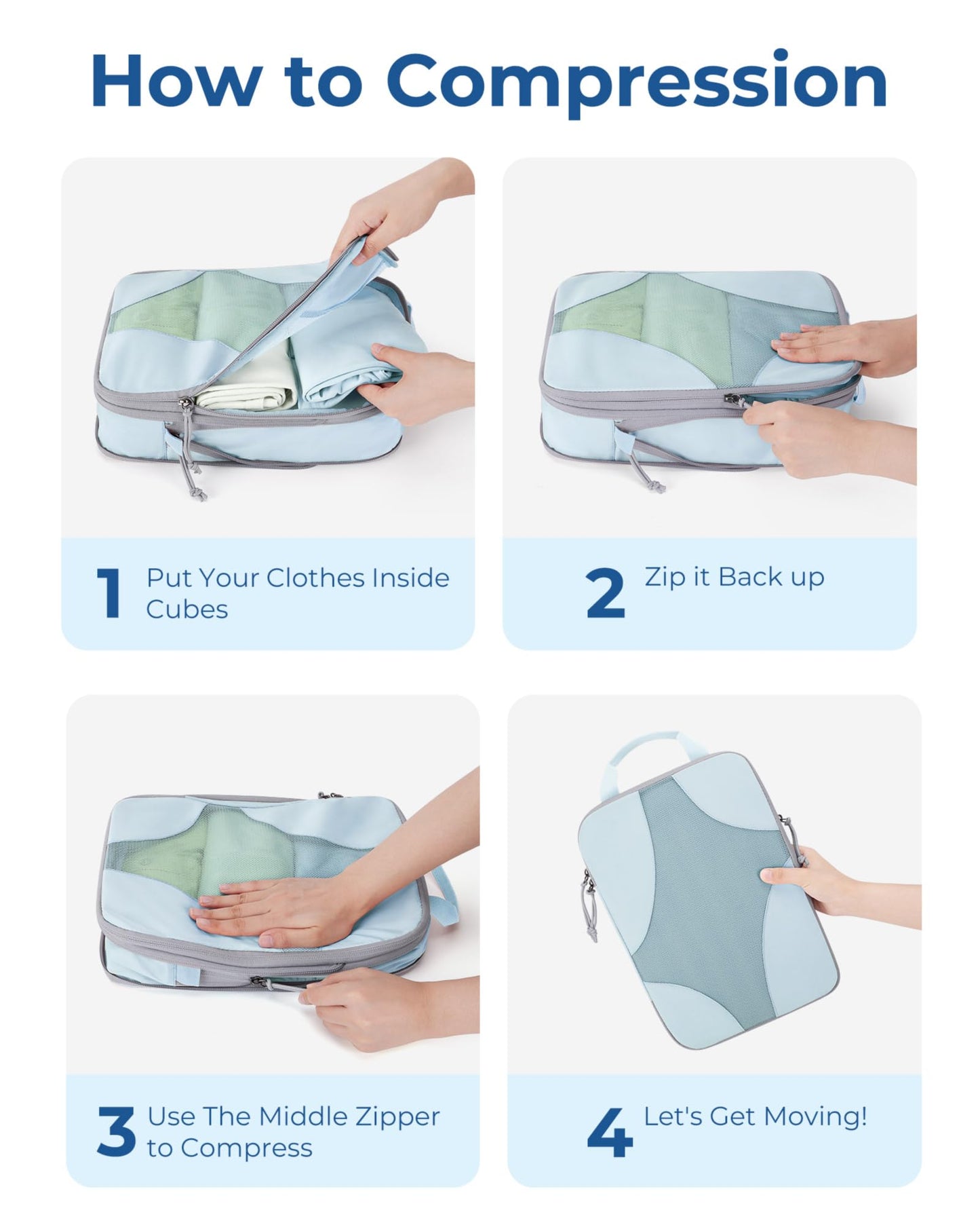 BAGSMART Compression Packing Cubes for Travel, Compressible Luggage Organizer for Cruise Ship, Lightweight Travel Essentials 6-Pack 1L+2M+2S+1Shoe Bag, Sky Blue