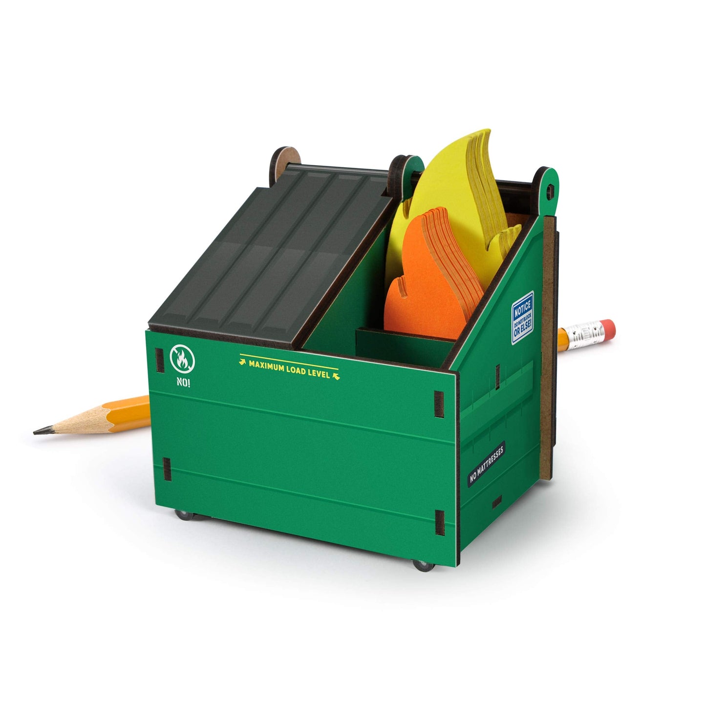 Genuine Fred Desk Dumpster Pencil Holder with 100+ Flame Note Cards, Funny 3-Compartment Organizer for Office Supplies, Desk Caddy for Work or Home