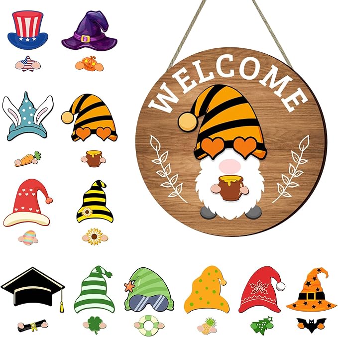 Interchangeable Seasonal Welcome Sign Front Door Decoration,Rustic Round Wood Wreaths Wall Hanging Outdoor Decor for Spring Summer Autumn and Winter All Seasons Holiday Halloween Christmas(Elf)