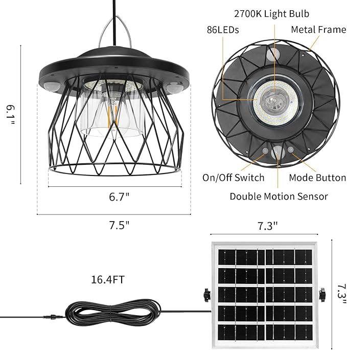 Solar Shed Light Outdoor Work Day/Night, Gazebo Lights Solar Hanging Lights for Porch Barn Chicken Coop Indoor with Remote, Double Motion Sensor, 16.5ft Cord, Dimmable Warm/Cool White