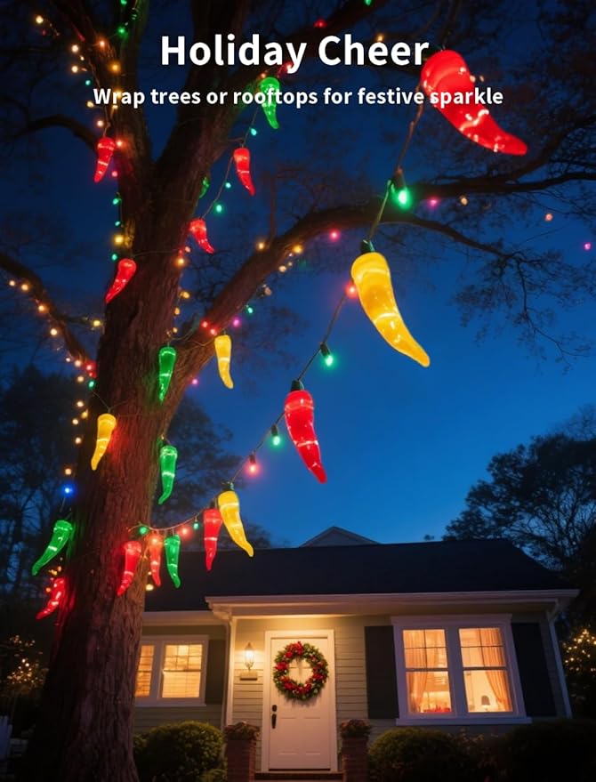 13.6FT Christmas Chili Pepper Outdoor String Lights, 35 LED Warm White Waterproof Fairy Lights with 2 Spare Bulbs, Shatterproof Decorative Lighting for Summer Camping Patio Pool Garden Yard Xmas Tree