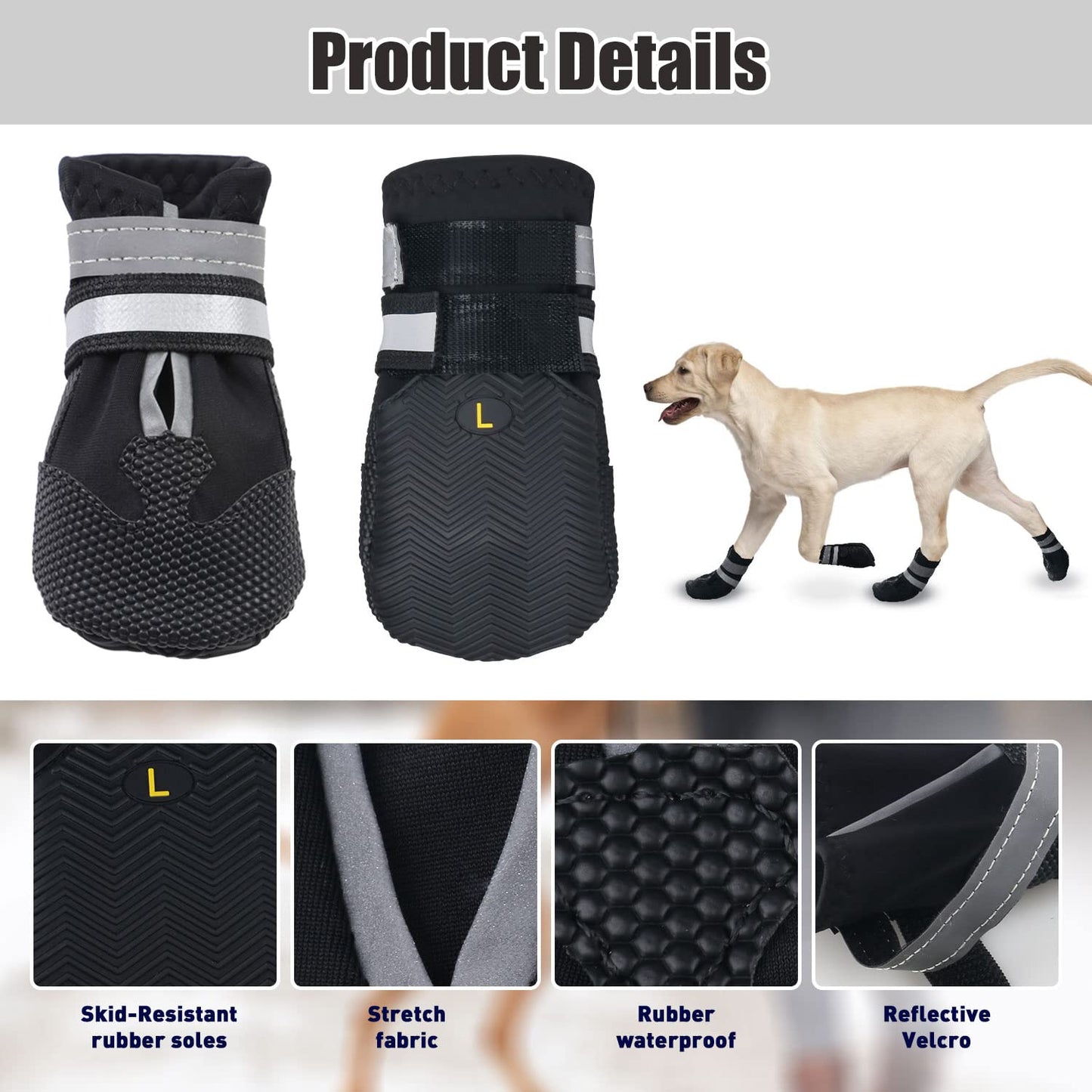 Dricar Dog Shoes, Set of 4 Dog Boots for Injured Paws, Waterproof Anti Slip Dog Shoes for Walking, Paw Protectors with Reflective Straps for Medium Large Dog (L, Black)