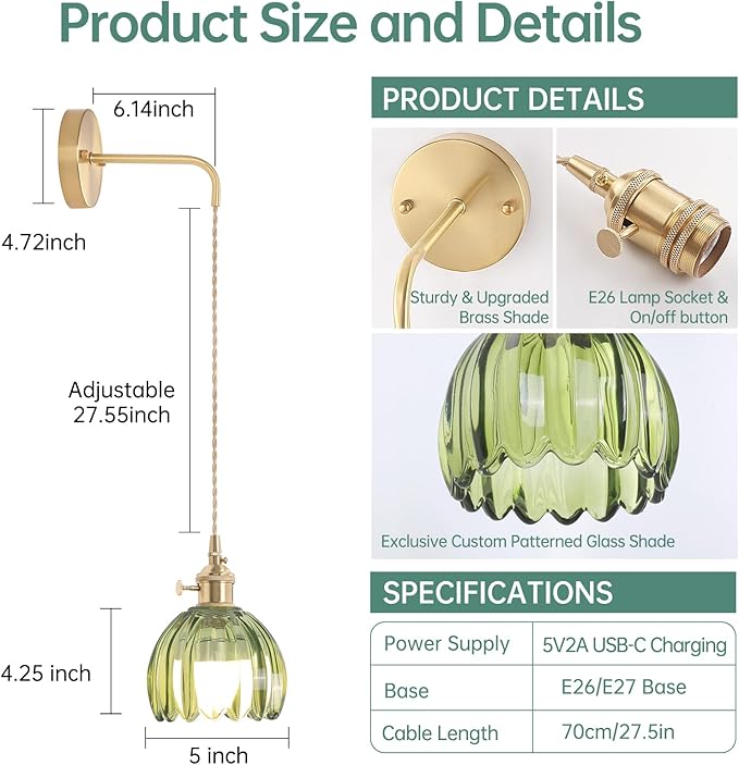 Battery Operated Wall Sconce with Green Tulip Shade Pattern Glass Adjustable Chain Retro Gold Wall Mounted Light, Modern Wall Decor for Bedside Bedroom Indoor Doorway， Set of 2