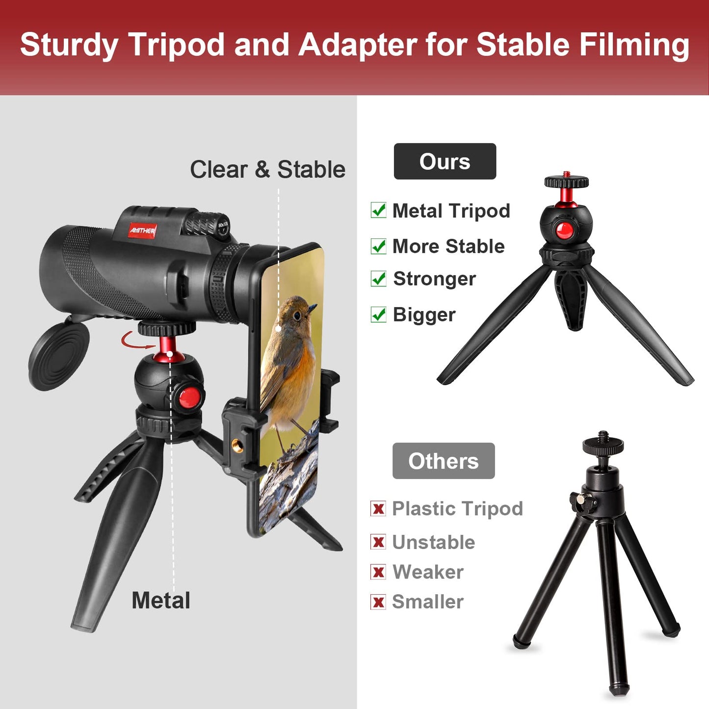 80x100 Monocular Telescope for Smartphones - High Powered HD Monocular with Tripod & Adapter, Low Light Vision for Adults - for Wildlife, Bird Watching, Hunting, Hiking