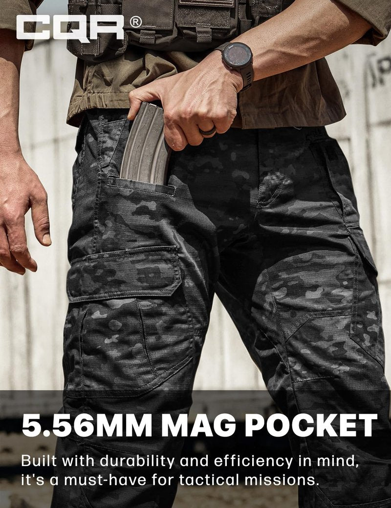 CQR Men's Tactical Pants, Water Resistant Ripstop Cargo Pants, Lightweight EDC Work Hiking Pants, Outdoor Apparel, Duratex Mag Pocket Print Utility Camo Black, 30W x 32L