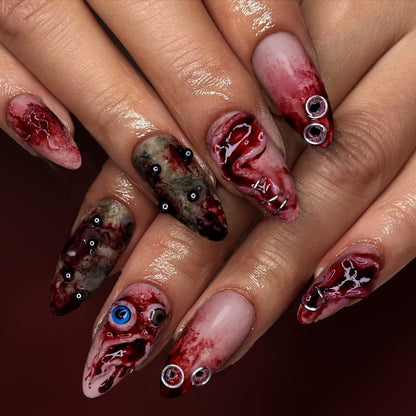 HOSAILY Halloween Press on Nails Short Almond Fake Nails 3D Blood Stain Eyeball Scar Horror Design Gothic False Nails for Party Cosplay Spooky Season Manicure, 30pcs Full Cover Glue on Nail for Women