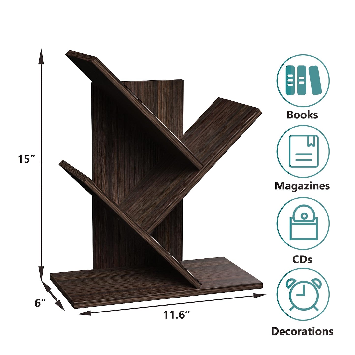 R RUISHENG 3 Tier Small Tree Bookshelf Desk Book Organizer Narrow Bookcases for Books Magazines CDs Free Standing Retro Wooden Storage Shelves for Home Office Bedroom Living Room Dark Walnut