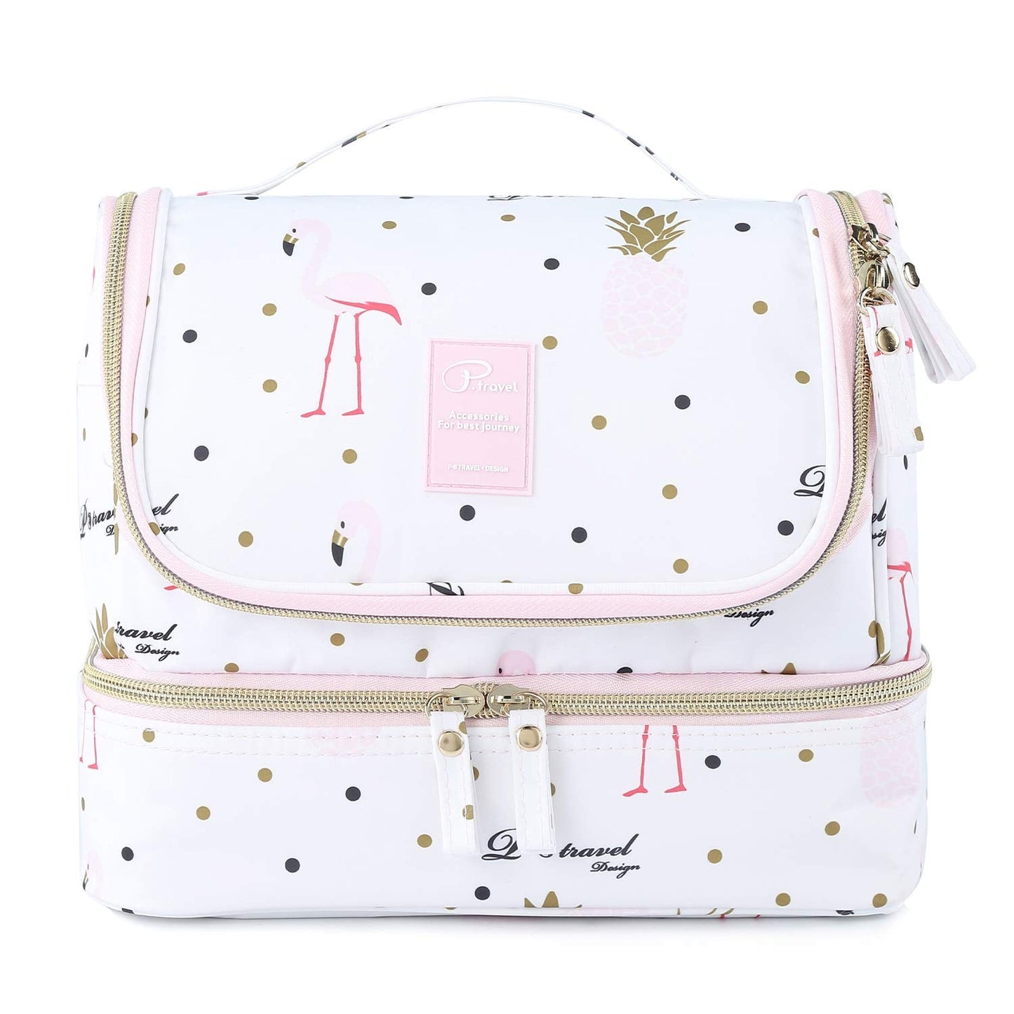 Hanging Toiletry Bag for Women, Lychii Cosmetic Bag with Double Layer, Toiletries Travel Organizer - Flamingo Printed