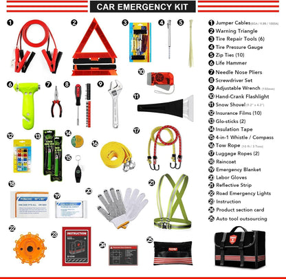 Car Emergency Kit (126 Piece)，Gift for Father Women Friend, Premium Roadside Assistance Essentials with Jumper Cables Tow Rope- Ideal Auto Road Safety Kit for Truck, RV