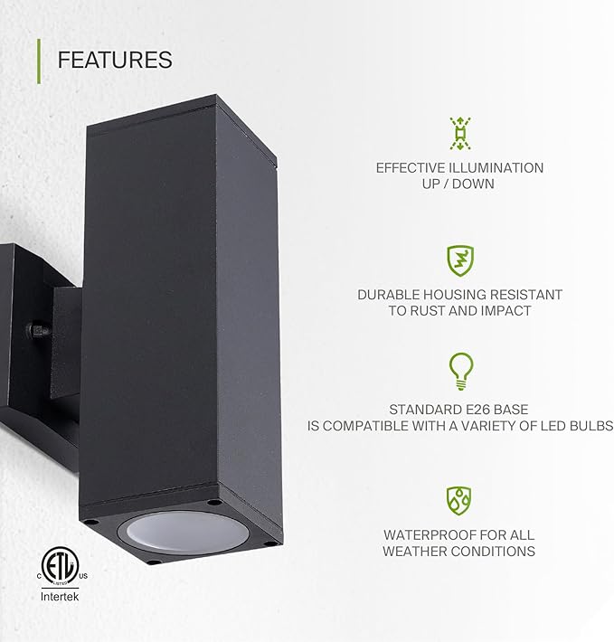 ASD 2 Light Square Outdoor Wall Light Fixture | 120W E26 Socket 120V ETL Cylinder Up Down Lights | LED/CFL/Incandescent Bulb Exterior Wall Sconce | Front Door, Porch, Patio | Black, 6 Pack