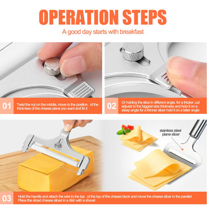 2 Pieces Stainless Steel Wire Cheese Slicer with Cheese Plane Tool, Adjustable Thickness Cheese Cutter for Soft, Semi-Hard, Hard Cheeses Kitchen Cooking Tool, Grey