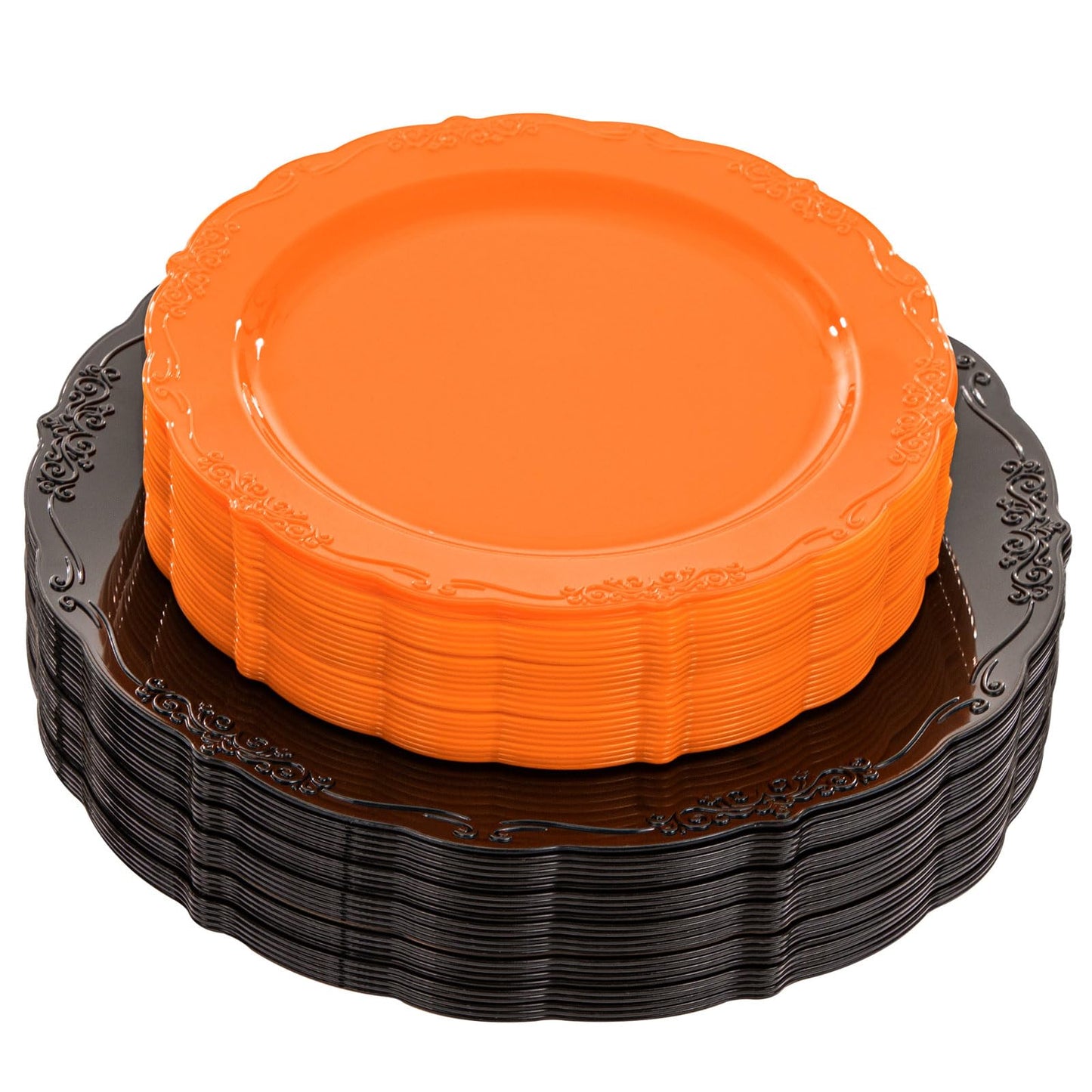 U-QE 60 Pieces Halloween Plastic Plates - Orange and Black Plates Disposable for Party - Halloween Party Supplies Including 30 Black Plastic Plate 10'' & 30 Orange Plate 7.5 ''