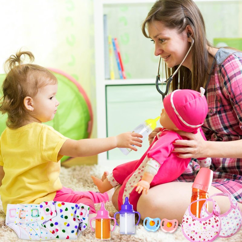 Kuihaazi 12PCS Baby Doll Accessories Set,Doll Pretend Play Feeding Toys,Baby Doll Feeding Include Disappearing Milk and Juice Bottles,Pacifier,Bibs,Diapers