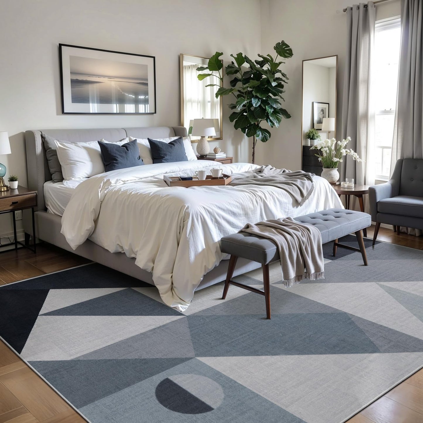 SERISSA Modern Abstract Gray Rug for Living Room, 8'x10' Machine Washable Soft Area Rug Non-Slip Rug, Low-Pile Contemporary Indoor Dining Floor Carpet for Bedroom Office Under Table Home Decor