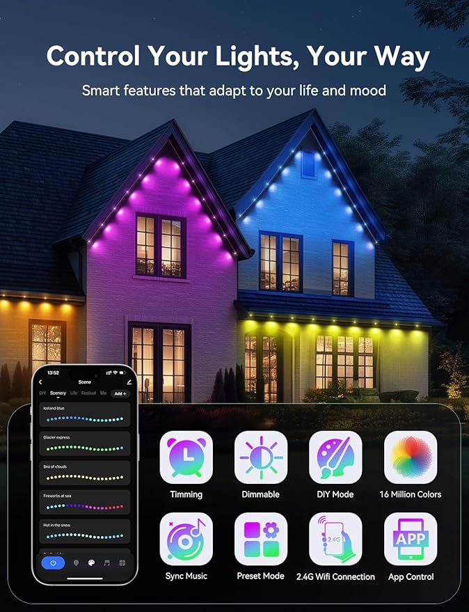 Permanent Outdoor Lights for House, RGB+IC IP67 Waterproof Smart Eave Lights 100ft with 50 LED, Eternity Lighting for Holiday Daily Decor, Work with Remote, APP