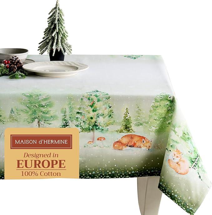 Maison d' Hermine Table Cloth Rectangle Table 100% Cotton 70 x 108 Inches Fall Tablecloth Reusable Everyday Use for Thanksgiving Christmas Decorations Dining Farmhouse Party (Winter Mornings)