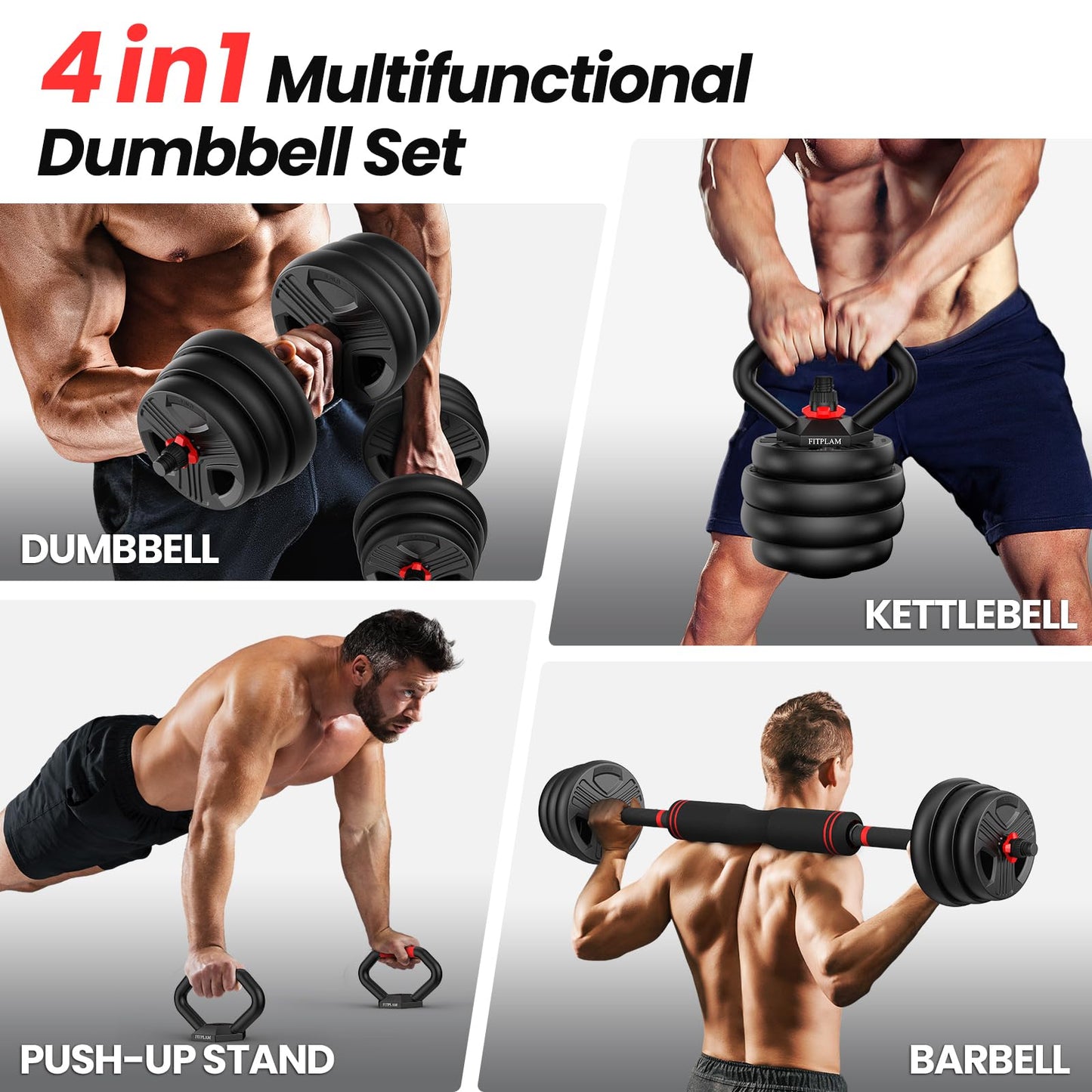 FITPLAM Adjustable dumbbell set, 45lbs Free Weights set with upgraded nut, 4 in 1 Weight Set Used as Kettlebells, Barbell, Push up Stand, Fitness Exercise for Home Gym Suitable Men/Women, BLACK