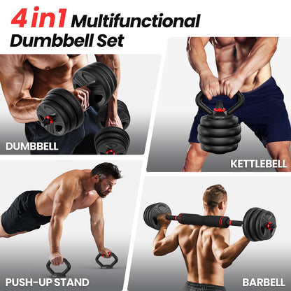 FITPLAM Adjustable dumbbell set, 45lbs Free Weights set with upgraded nut, 4 in 1 Weight Set Used as Kettlebells, Barbell, Push up Stand, Fitness Exercise for Home Gym Suitable Men/Women, BLACK
