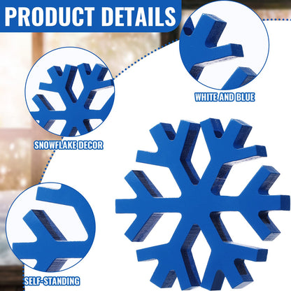 Blulu 4 Pcs Winter Wooden Snowflakes Decor Tabletop Decorations Christmas Snowflake Signs Winter Wooden Xmas Standing Table Sign Christmas Fireplace Decoration for Party Birthday(White and Blue)