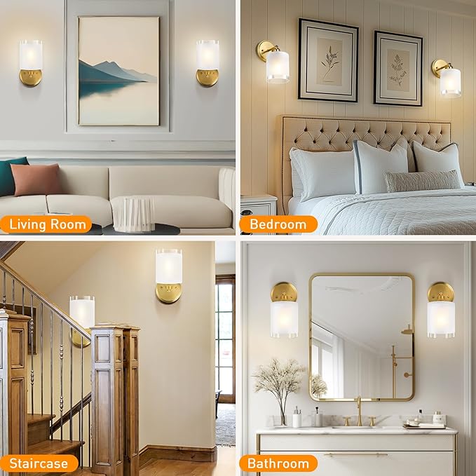 Gold Bathroom Wall Sconces Set of Two, Modern Vanity Light Fixtures with Frosted Glass Shade, Bathroom sconces wall decor set of 2 for Bedroom Living Room Mirror Hallway Kitchen(Bulbs Not Included)