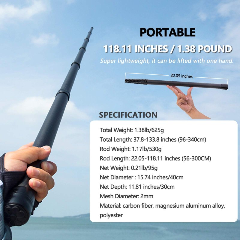 9ft/11.15ft Extra Long Fishing Net with Telescoping Handle, Carbon Fiber Extendable Landing Net, Dip Net for Fishing, Crab nets for Crabbing, Rubber Coated Netting, Holds up to 20lbs