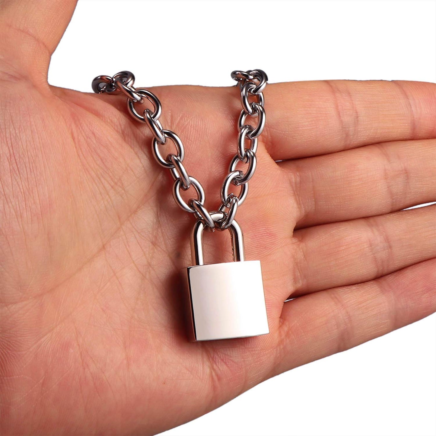 DIBOLA Padlock Necklace Stainless Steel Lock Chain for Men Women Silver 18 inch