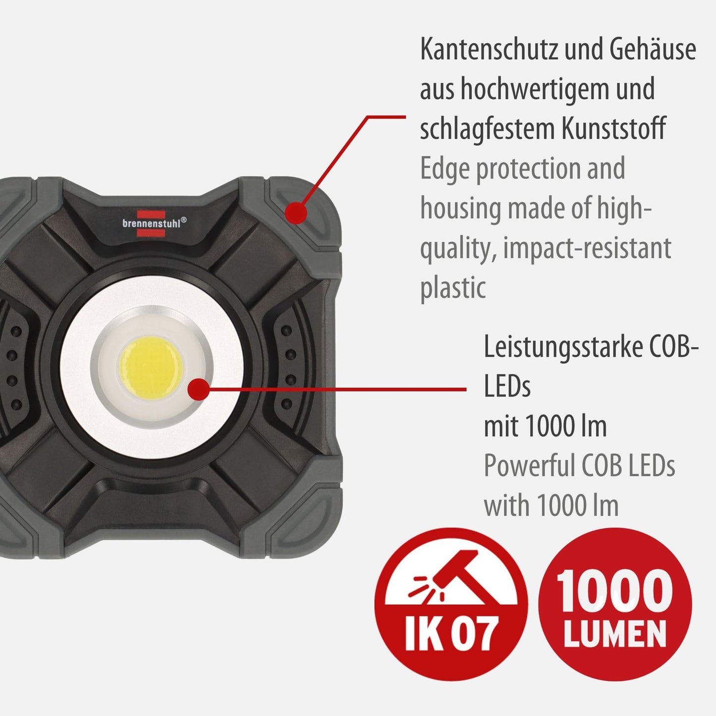 Brennenstuhl Rechargeable LED Work Light SH 1000 MAC (1000lm, IP54, Rechargeable LED Camping Light with Magnet and snap Ring, Robust housing)