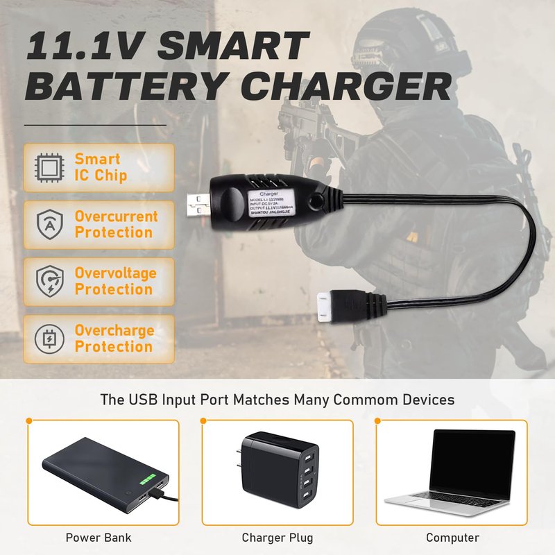 VICMILE 3S Airsoft Battery 30C 11.1V 1400mAh Dean-Style T Plug with 11.1V USB Charger Fit for Most Airsoft Model Guns Gel Water Bead Blaster