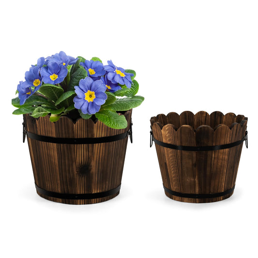 HakkaGirl Wooden Barrel Planters Flower Pots for Indoor Outdoor Plants, 10+11.5 inch Rustic Patio Garden Front Porch Planters Plant Pots Outdoor Decor Set of 2