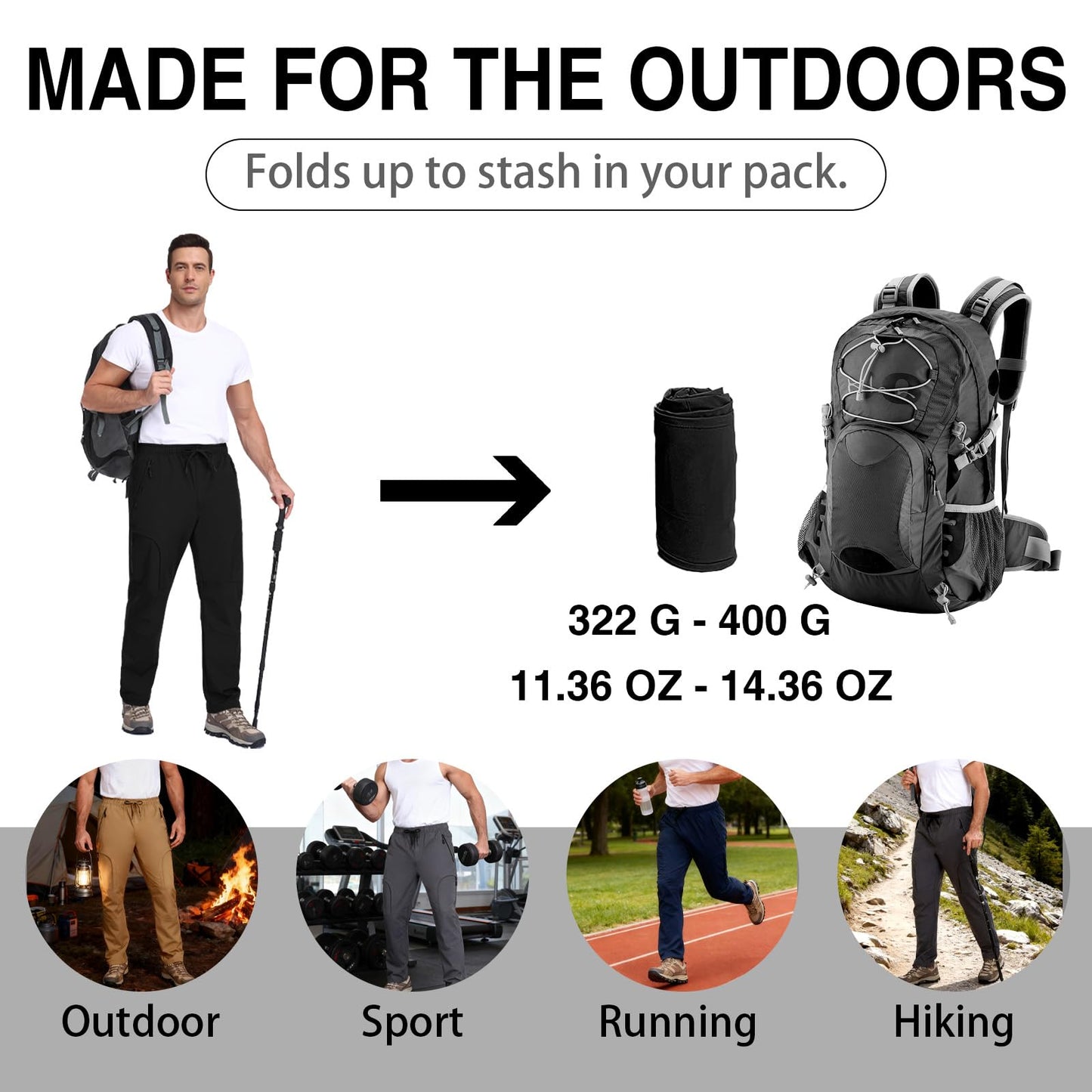 Qngwrtk Men's Lightweight Hiking Pants 5-Pocket Elastic Waist Breathable Water-Resistant Quick Dry Outdoor Pants for Running Travel Camping Black