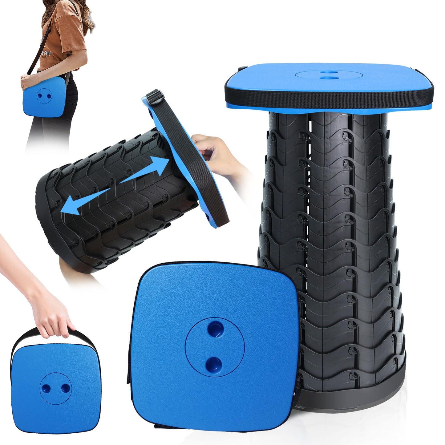 Deer's Life Square Portable Folding Stool, Upgrade Full Color Collapsible Stools for Adults Heavy Duty 485lbs Yet Small Lightweight Telescoping Retractable Camping Stool (Blue, Square)