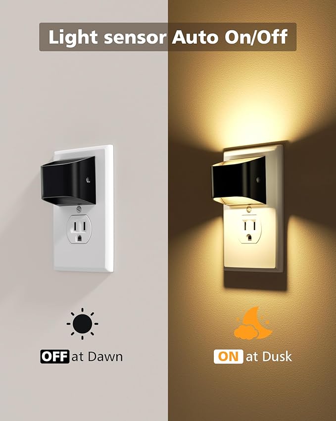 VOLISUN Night Lights Plug into Wall, 2 Pack Up and Down LED Night Light with Dusk to Dawn Light Sensor, 3000K Warm White Nightlight for Hallway, Bedroom, Bathroom, Kitchen Black