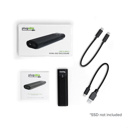 Plugable M.2 NVMe SSD Enclosure; Tool-Free & Driverless, USB 3 Type-C, Including Thunderbolt and USB4, at 10Gbps. for M.2 NVMe SSDs 2230 to 2280 PCIe Gen 3 and 4. USB Cables Included
