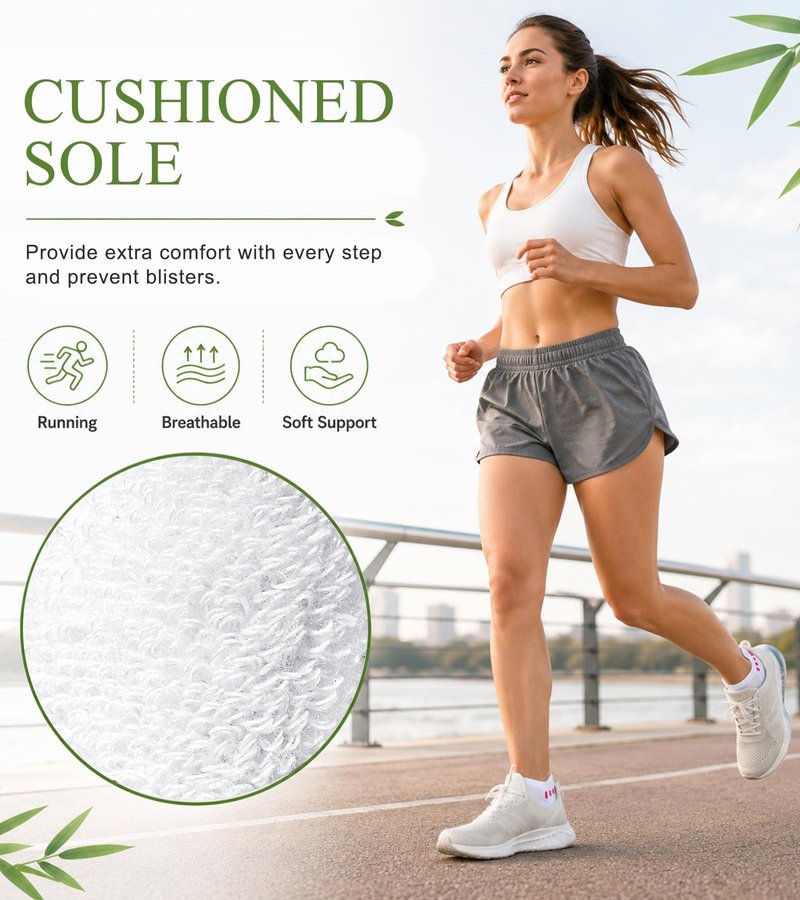 floconssy Ankle Socks for Women, Bamboo Viscose White Cushioned Running Socks Low Cut Athletic Short Footies with Heel Tab 5 Pairs Size 10-12
