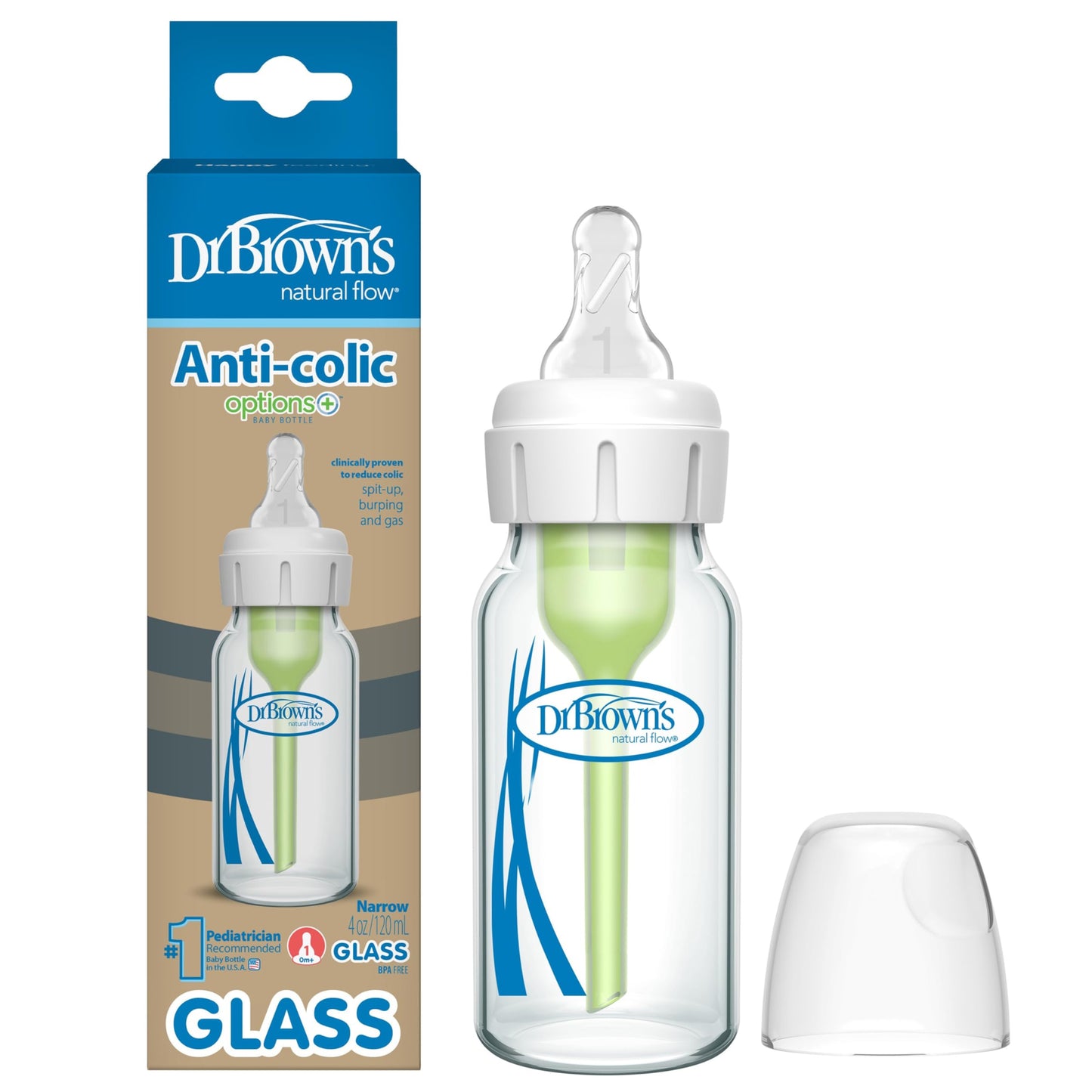 Dr. Brown's Anti-Colic Options+ Narrow Glass Baby Bottle with Level 1 Slow Flow Nipple, BPA-Free, 4 oz/120mL, 1-Pack