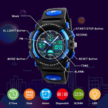 Urdesw Kids Digital Waterproof Watches for 6-15 Year Old Boys & Girls - Electronic Toys & Games - Birthday Presents & Gift