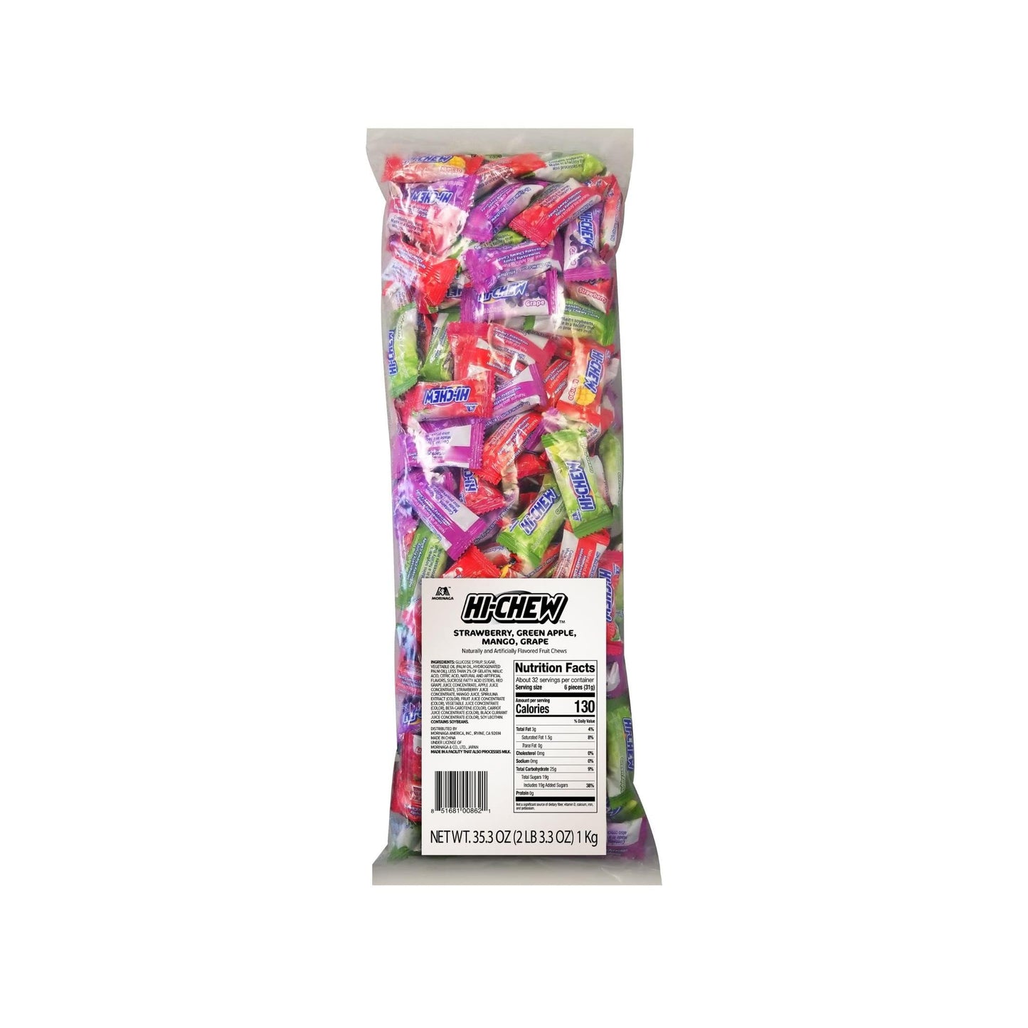 HI-CHEW Assorted Bulk Candy Bag, Green Apple Strawberry Mango Grape, Soft & Chewy Candy 2.2lb - 185+ Pieces Individually Wrapped - Made with Immensely Juicy Fruity Flavors