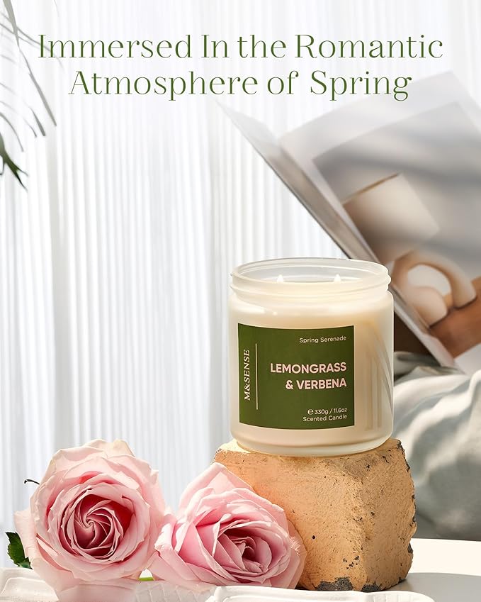 M&SENSE Lemongrass Verbena Scented Candle - 11.6oz 70 Hours Burn Time Natural Soy Wax Non-Toxic Candle, 2-Wick Aromatherapy Home Decor Fragrance Gifts for Relaxation & Stress Relief